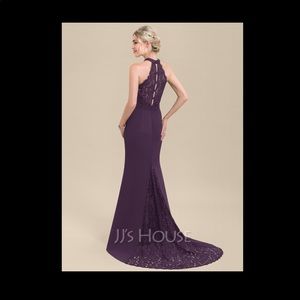 JJ’s House Trumpet/Mermaid High Neck Sweep Train Chiffon Lace Bridesmaid Dress
